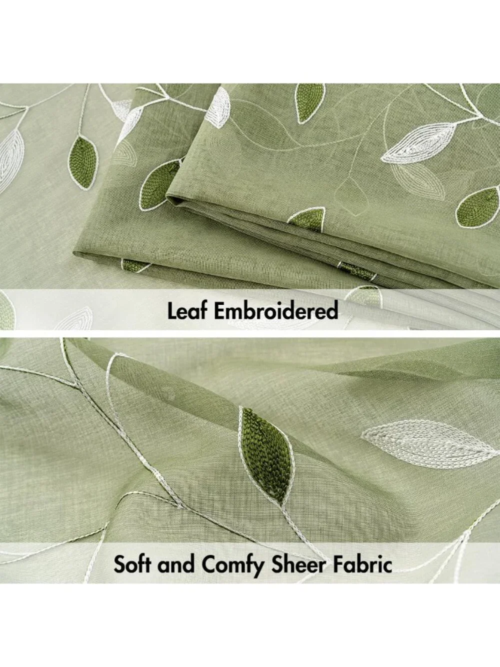 Sage Green Sheer Curtains - 2 Panels with Leaf Pattern, W52 x L45, Light